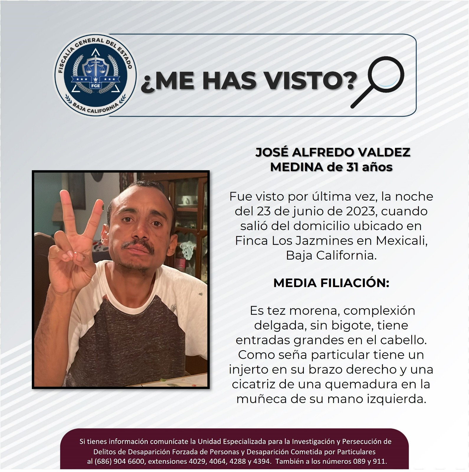Buscan a José Alfredo Valdez, de 31 años, en Mexicali Síntesis TV